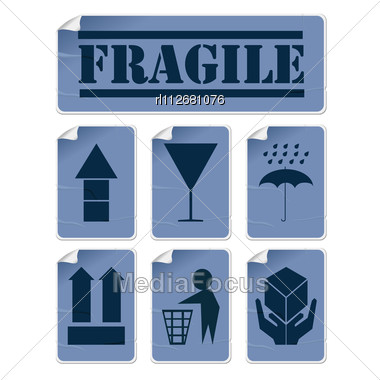 Badly Glued Stickers, Transportation Symbols Set In Blue Tones, Isolated And Grouped Objects Stock Photo