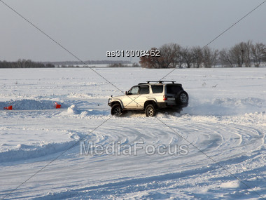 Car On Winter Road. Stock Photo