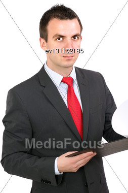 Cheerful Businessman With Organizer And Pen. Isolated Over White Stock Photo