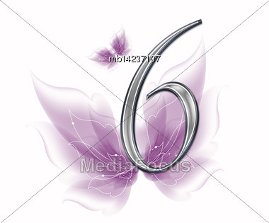 Chrome Alphabet Numbers And Symbols With Lilac Butterfly Wings Stock Photo