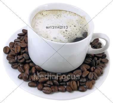 Cup Of Hot Coffee On A White Plateau And Grains Of Coffee. Isolated Stock Photo