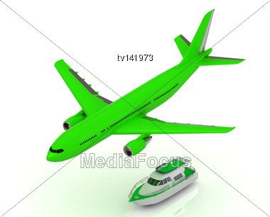 Green Turbo Passenger Airliner Gains Altitude And Green Motorized Pleasure Turbo Boat. Top Frontal Isolated On White Stock Photo