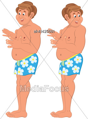 Illustration Of Two Cartoon Male Characters Isolated On White. Happy Cartoon Man Standing In Blue Underwear Stock Photo