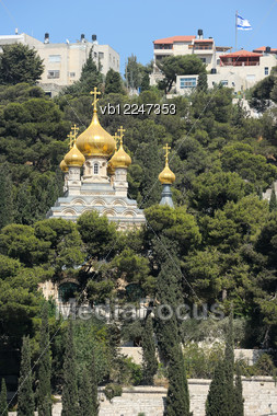 Mount Of Olives, Church Of Mary Magdalene, View From The Walls Of Jerusalem. Stock Photo