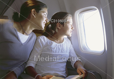 girls teen airplane Stock Photo