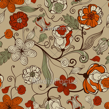 Seamless Pattern With Abstract Flowers, Fully Editable Eps 8 File With Clipping Mask, Pattern In Swatch Menu Stock Photo
