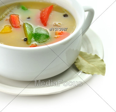 Vegetable Soup In A White Soup Cup Stock Photo