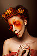Stock Photo : Performance Theatrical Stock Photo: Grimace. Humorous Funny Woman With Flowers Having Fun. Theatrical Style