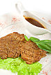 Stock Photo : Green Stock Photography: Roasted Pork Steak At The White Plate, With Greens And Sauce